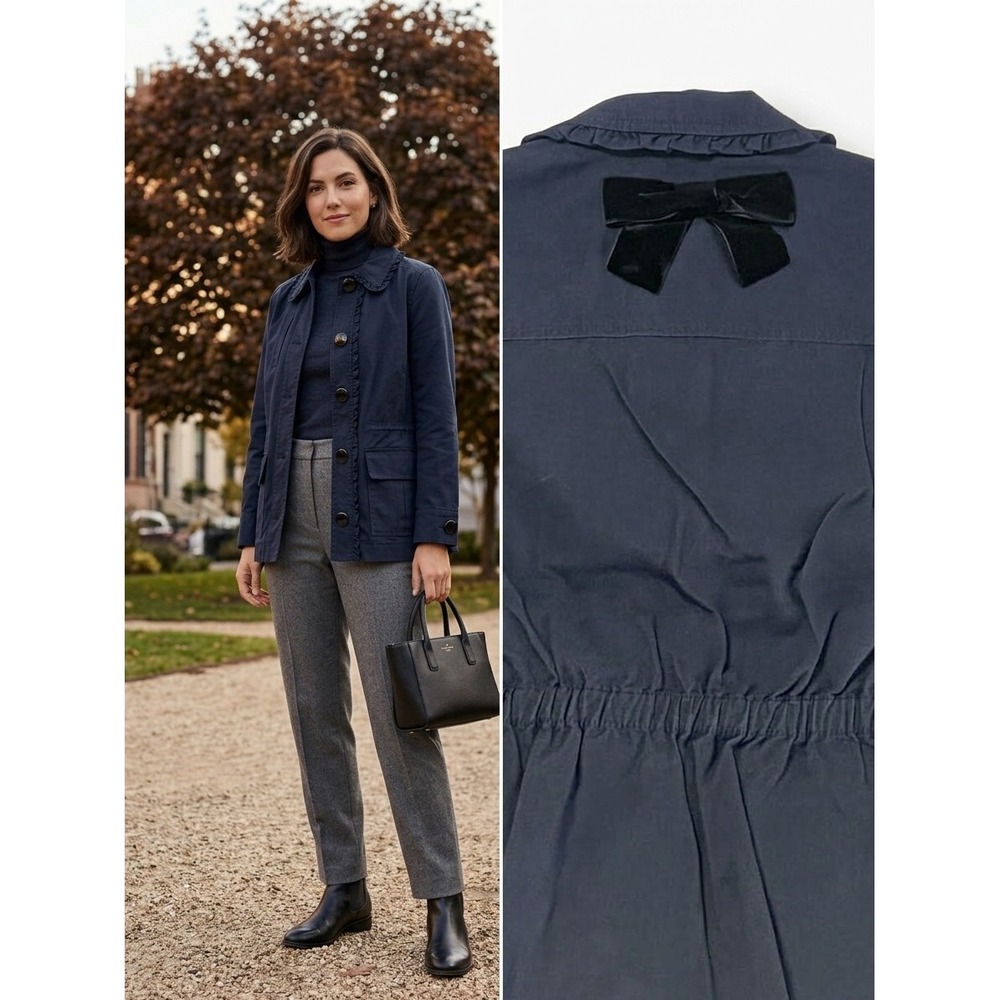 Kate Spade Broome Street Navy Ruffle Collar Bow Back Utility Jacket XS Oversized